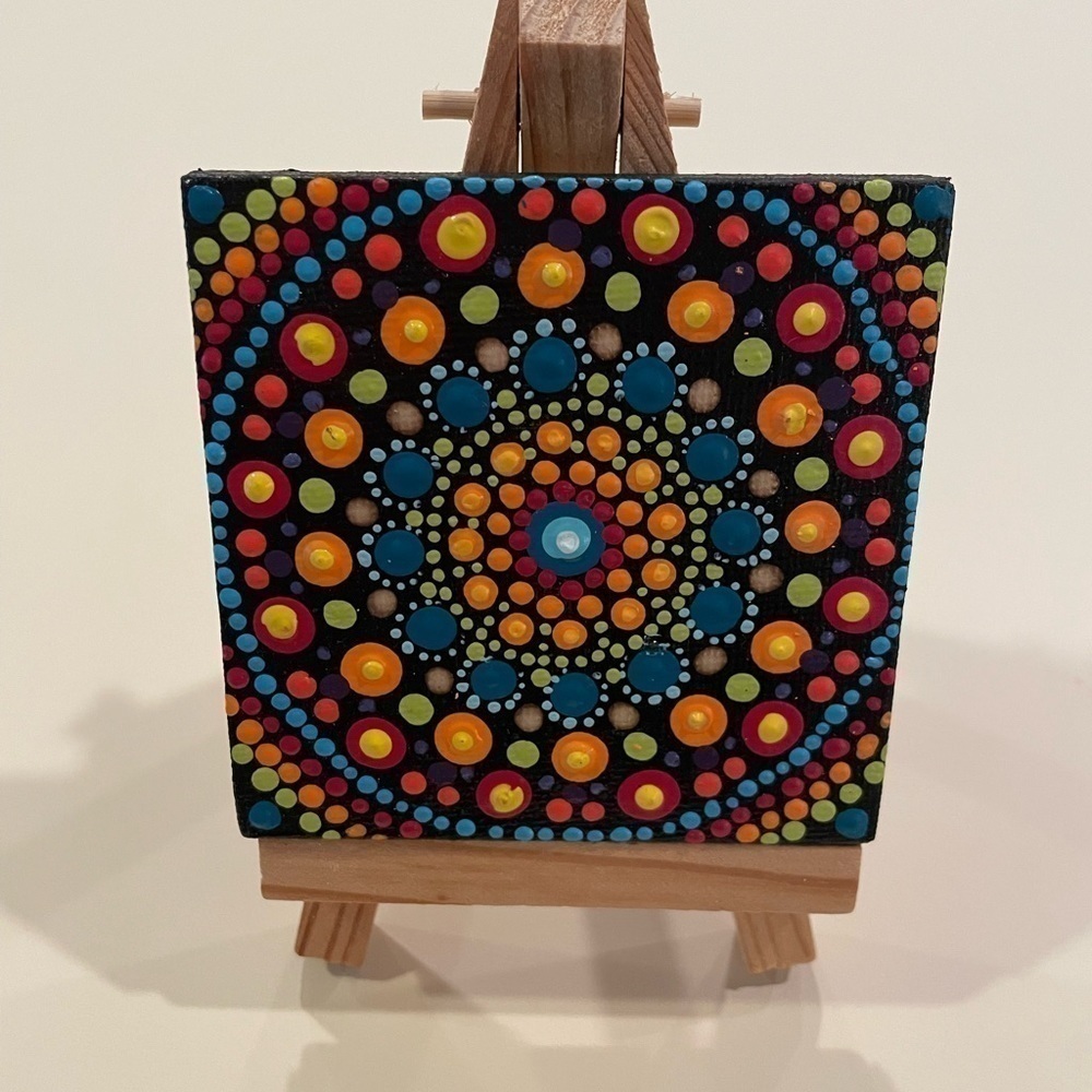 Cute little dot mandala canvas w/stand. 3”X3” hand painted